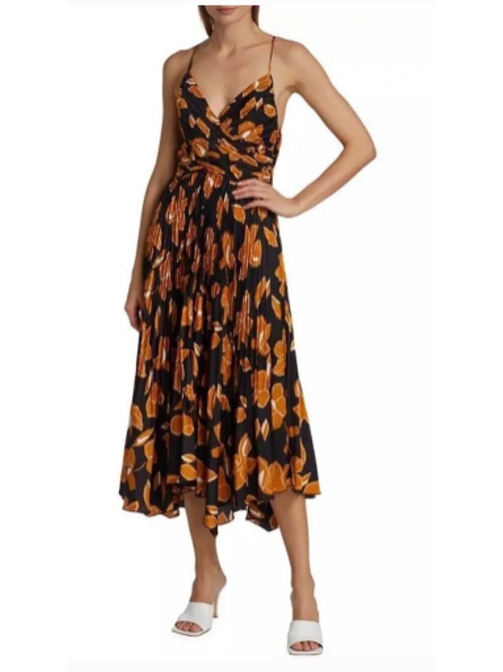 NWT Jonathan Simkhai Pleated Floral Midi Dress Black Gold Size 8